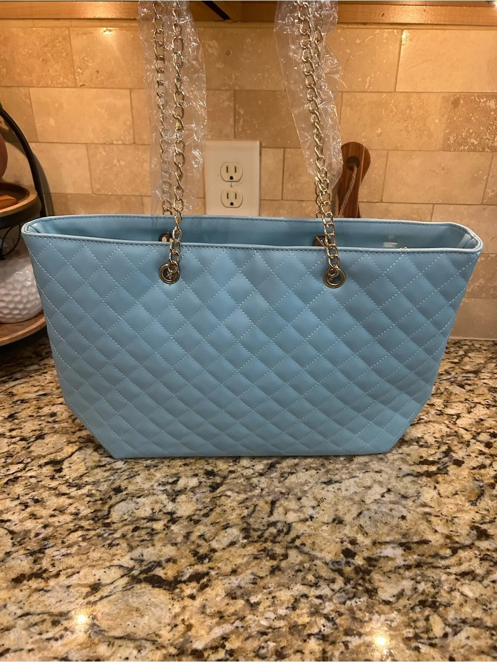 Badgley Mischka Sky Blue Quilted Large Tote, Chain Straps NWT